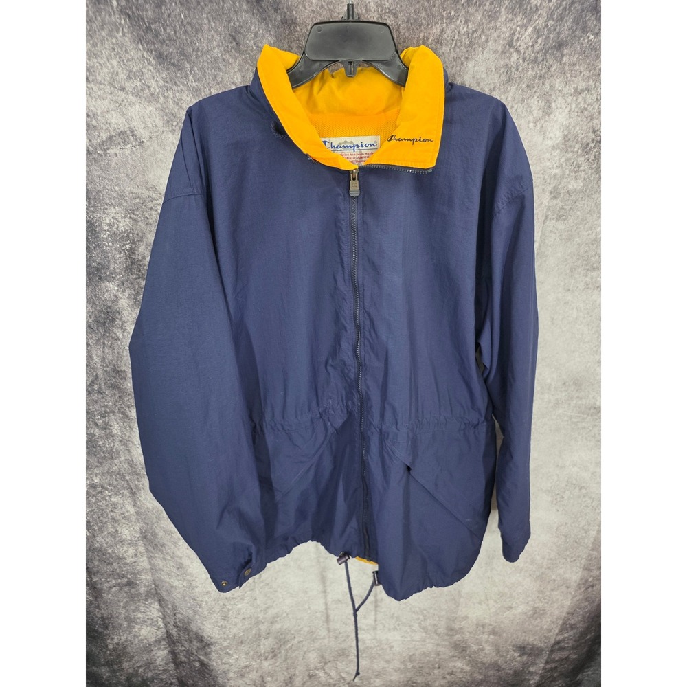 Vintage Champion Jacket Mens Large Blue Heavy Windbreaker Hooded Nylon 90s